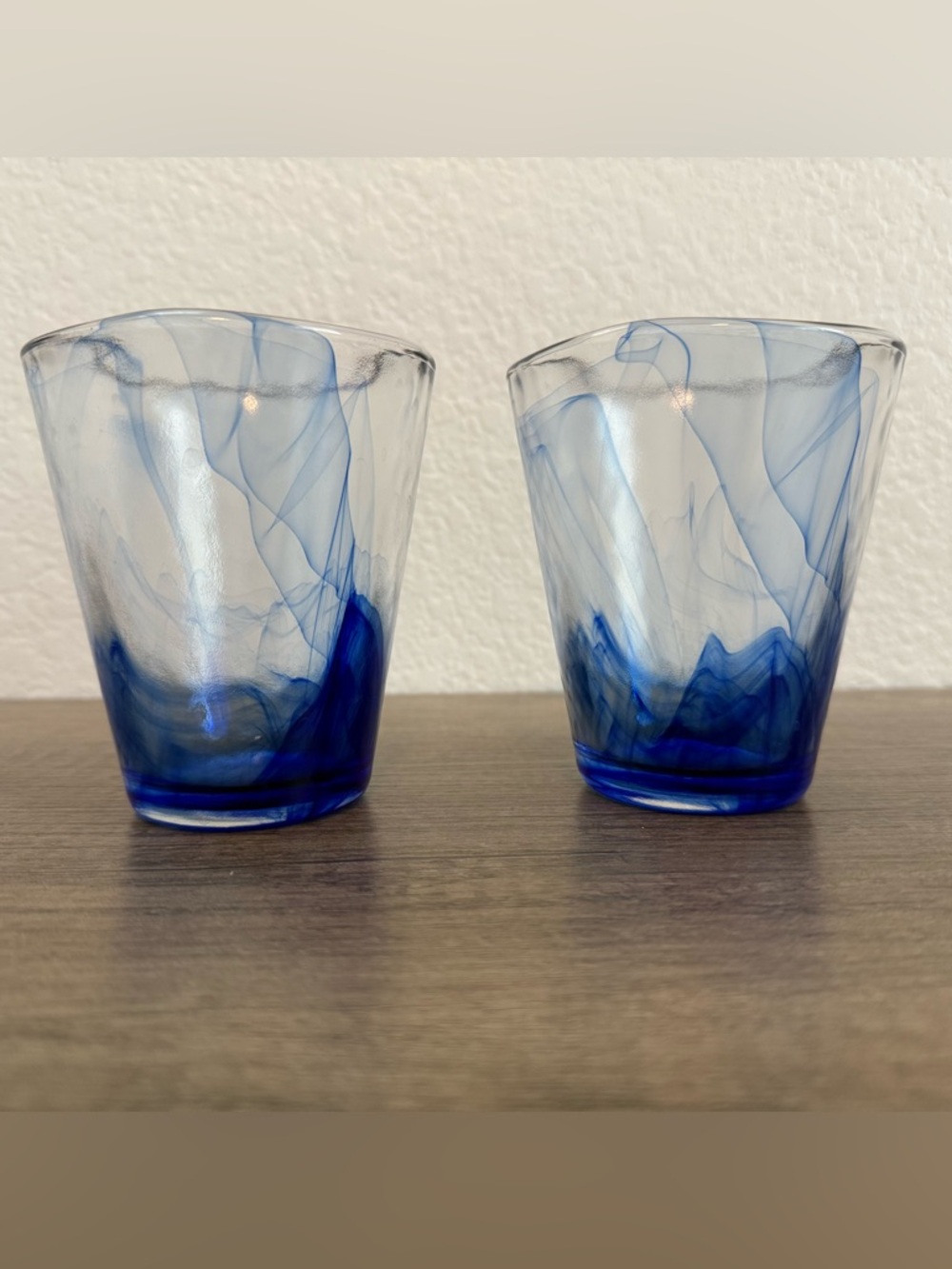 2 Bormioli Rocco Art Glass Cobalt Blue Swirl Clear Glasses